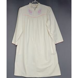 Vintage Marissa Fleece Nightgown Womens Large Ivory Embroidered Floral Zip Long